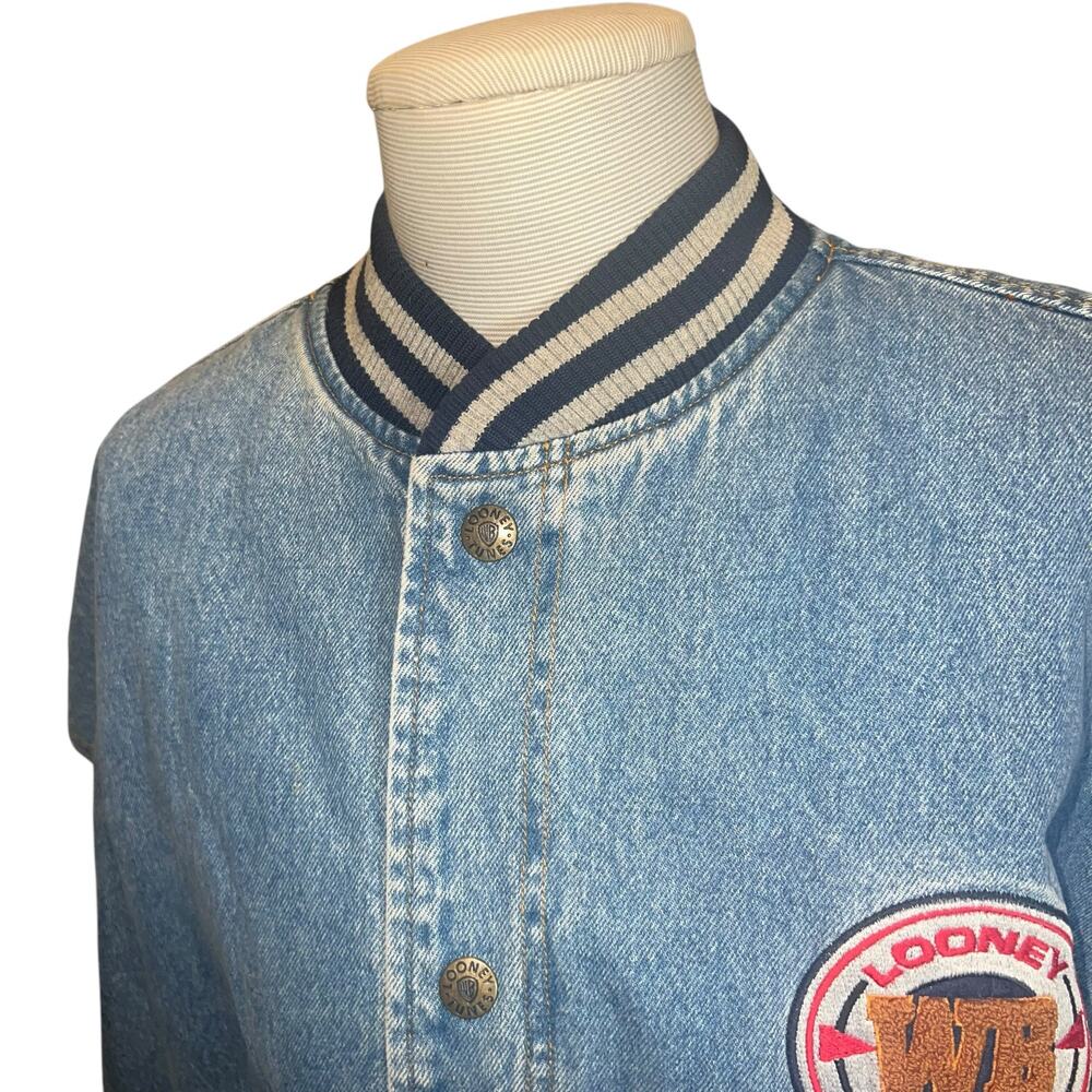Vintage 90s Looney Tunes Vintage Denim Varisity jacket embroidered size large - Picture 8 of 14